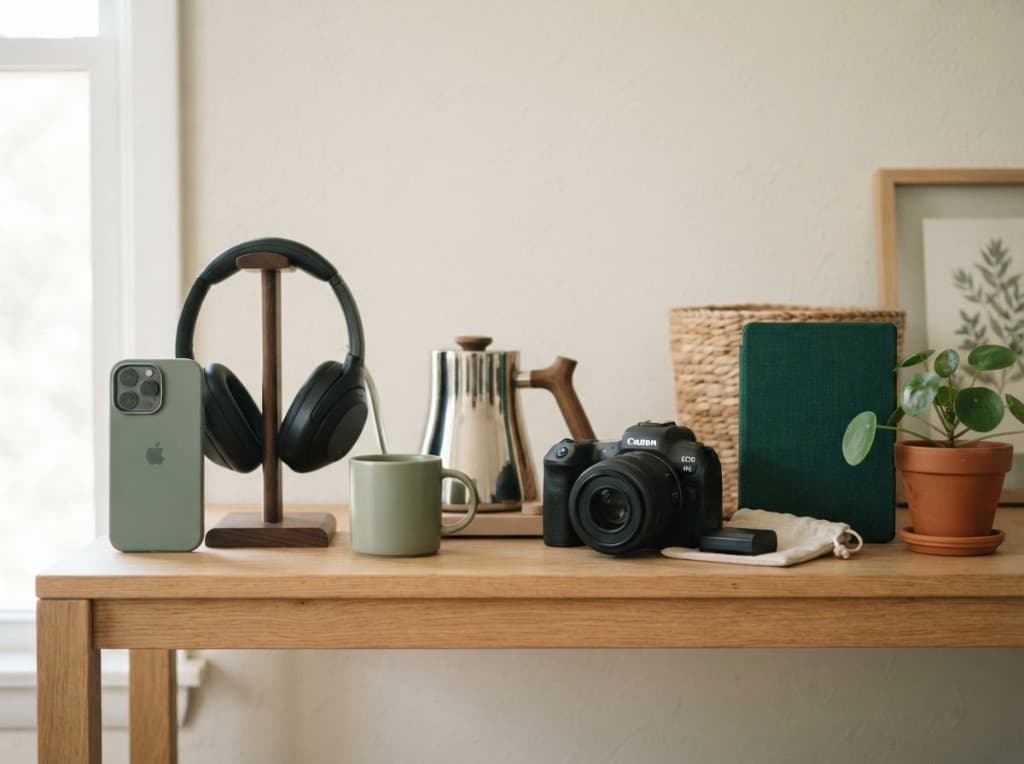 Tech and lifestyle items arranged on a wooden desk